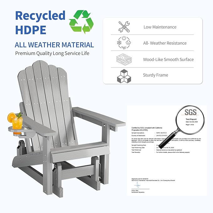 HDPE Outdoor Glider Chair Set of 2,3-Position Adjustable Backrest Patio Glider, All-Weather Glider Rocker Chair with Cup Holders,Porch Glider for Outside,Deck,Fire Pit, Poolside,400LBS Capacity (Grey)