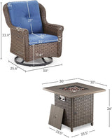 Outdoor Patio Swivel Gliders with Fire Pit Table 5 Piece Set - High Back Brown Wicker Rattan Rocking Chair with Thick - Photo 3
