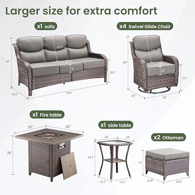 Luxury Patio Furniture Set with 6-inch Thick Cushion, Outdoor Furniture with Fire Pit Table, Swivel Chairs, Sofa - Photo 5