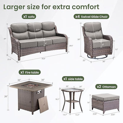 Luxury Patio Furniture Set with 6-inch Thick Cushion, Outdoor Furniture with Fire Pit Table, Swivel Chairs, Sofa, Side Table, Ottomans, 9pcs Wicker Conversation Set for Deck Yard and Poolside(Grey)
