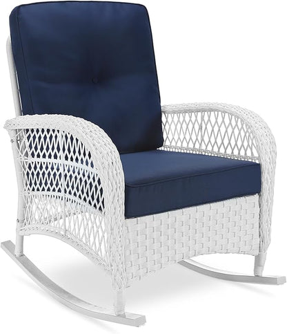 VIVIJASON Outdoor Wicker Rocking Chair, Patio Rattan Rocker Chair with Cushions & Steel Frame, All-Weather Rocking Lawn Furniture for Garden Backyard Porch (White Wicker/Navy Blue)