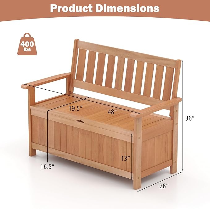 Tangkula 48 Inch Outdoor Wood Storage Bench Deck Box, Wooden Storage Loveseat with 34.2 Gal Inner Space - Photo 3