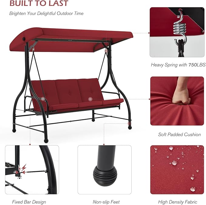 AECOJOY 3-Seat Outdoor Porch Swing with Adjustable Backrest and Canopy, Patio Swing w/Removable Cushions Outdoor Swing Bed for Porch, Backyard, Poolside, Burgundy