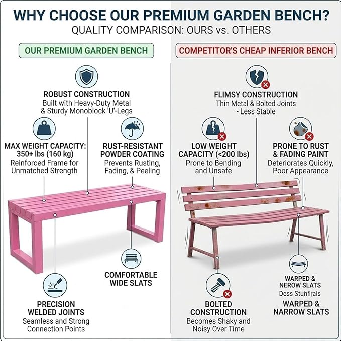 Backless Outdoor Bench, 3.3ft 3.9ft 4.9ft 5.9ft Metal Garden Bench, 880lbs Weatherproof Patio Dining Benches, 2-Person Slatted Seat for Park Porch Yard Deck Lawn(White,5.9ft)