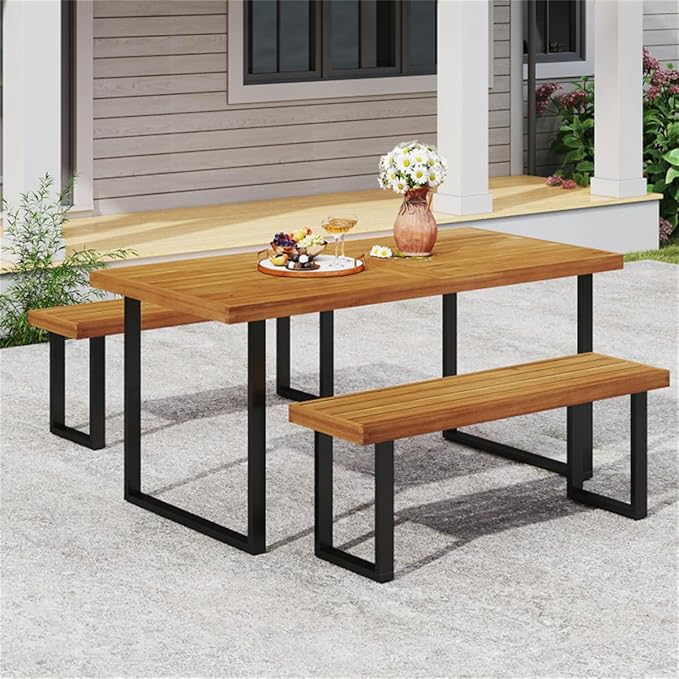 Outdoor Dining Bench Set of 2, Solid Acacia Wood Patio Garden Bench, 800 LBS Weight Capacity Backless Bench with Metal Legs, 48 Inch