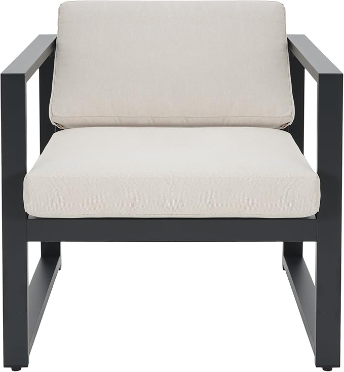 Christopher Knight Home Navan Set of 2 Outdoor Patio Club Chairs with Cushions, Aluminum Outdoor Armchair, Garden Sofa Lounge Chairs, Patio Conversation Set for Porch Backyard Garden, Beige+Black