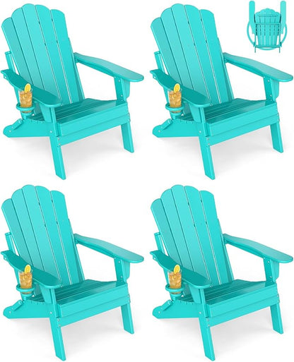 GREENVINES Oversized-Folding-Adirondack-Chairs-Set-of-4 | HDPE Plastic | Cup Holder | Fire Pit Chair | All Weather | for Outdoor Deck Backyard | Aqua
