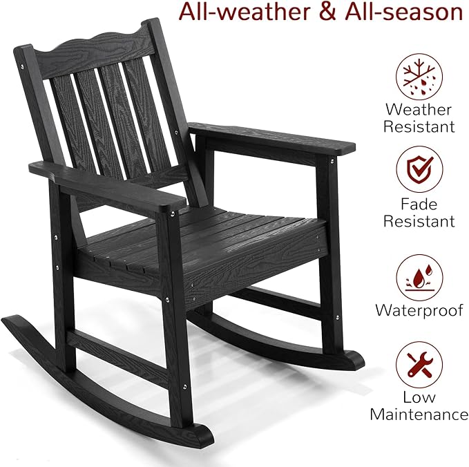 Stoog All-Weather Patio Rocking Chair - Heavy Duty 400 lbs Capacity Outdoor Rocking Chair, Never Fade & No Rot, Waterproof & Weather-Resistant for Porch, Backyard, Deck, Garden, Fire Pit, Lawn - Black