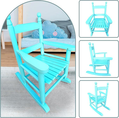 Toddler Rocking Chair for Kids Age 2-5, Hardwood Porch Rocker with Back Support & Armrest for Small Spaces Living Room Outdoor Garden, Easy Assembly (Light Blue)