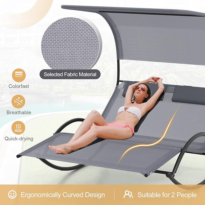 HAPPYGRILL Outdoor Chaise Lounge Rocker, 2-Person Rocking Daybed Sun Lounger with Sun Shade Canopy & Headrest Pillows, Hammock Bed Loveseat with Heavy-Duty Metal Frame for Patio, Backyard, Poolside