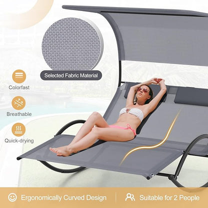 HAPPYGRILL Outdoor Chaise Lounge Rocker, 2-Person Rocking Daybed Sun Lounger with Sun Shade Canopy & Headrest Pillows, Hammock Bed Loveseat with Heavy-Duty Metal Frame for Patio, Backyard, Poolside