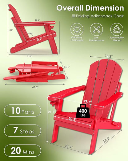 GREENVINES Folding-Adirondack-Chairs-Set-of-2 | HDPE Plastic | Fire Pit Chair | All Weather | Cup Holder | Red | for Deck Backyard Patio Outdoor Garden