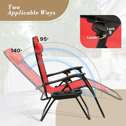 Athena Collection Zero Gravity Outdoor Lounge Chairs Set of 2, 25" Width Pool Lounge Lawn Chairs Reclining with Cup Holder, Outdoor Chaise for Beach Patio Backyard Outside, Red