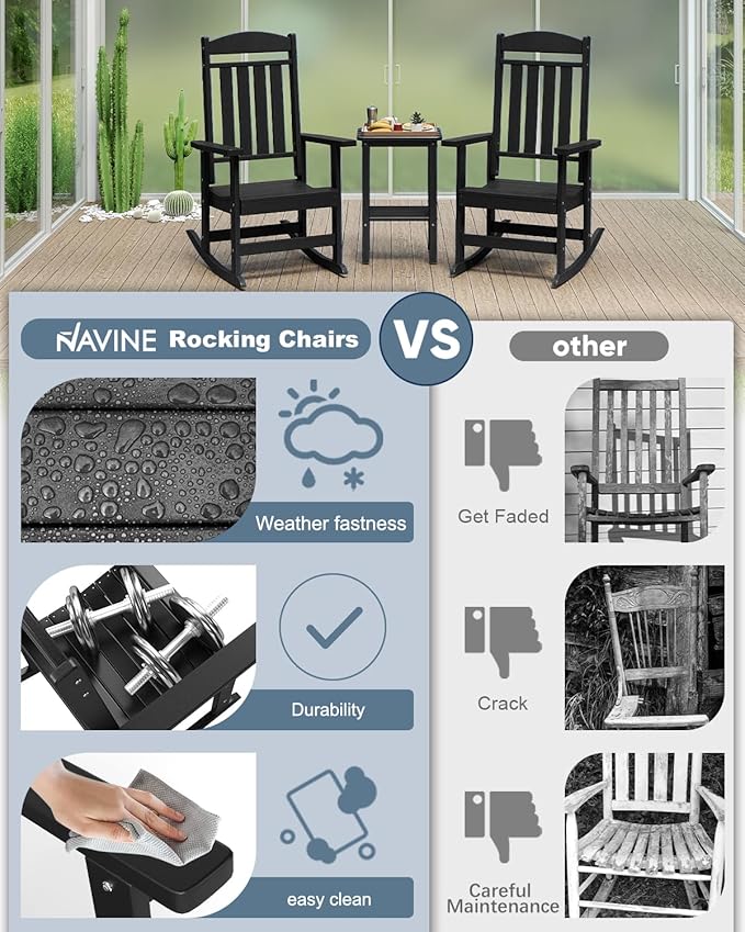 3-Piece Outdoor Rocking Chair Set, Oversized Porch Rocking Chair Set of 2 with Side Table, HDPE High Back Patio Rocking Chair, Suitable for Patio, Porch, Backyard, Black