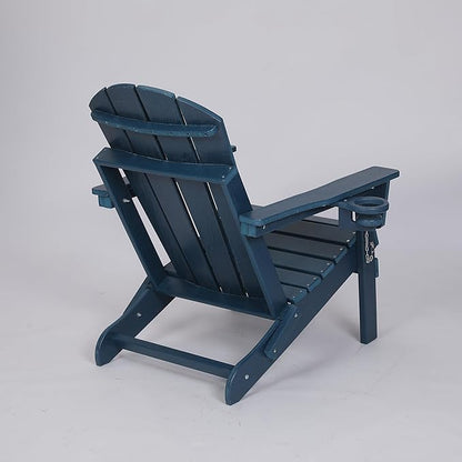 Navy Blue Composite Adirondack Chair with Wood Texture - Folding Outdoor Chair with Dual Cup Holders
