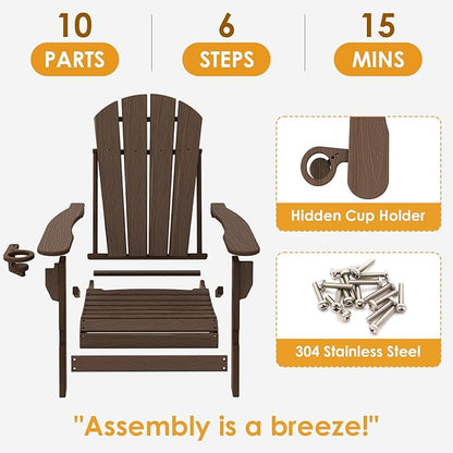 IVY&LANE Folding-Adirondack-Chair-Set-of-2 | HDPE Plastic | Dark Brown | Outdoor Fire Pit Chair with Cup Holder | Poly | Weather Resistant | for Patio Deck Poolside Garden Beach