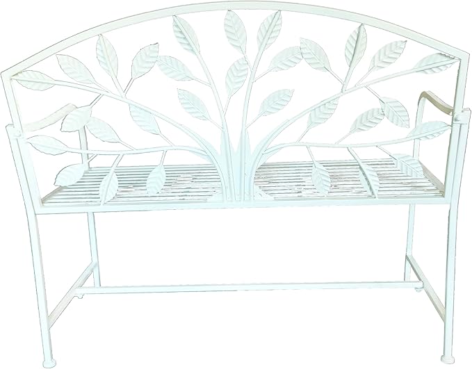 Hi-Line Gift Ltd. 42in Metal Garden Bench Tree Pattern-White Patio Yard Seat