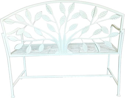 Hi-Line Gift Ltd. 42in Metal Garden Bench Tree Pattern-White Patio Yard Seat