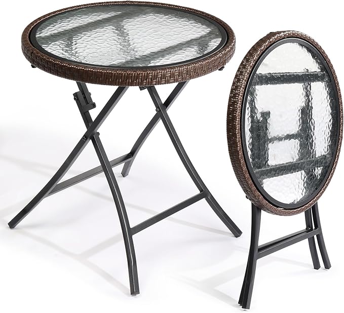 VINGLI 19in Modern Brown Rattan Folding Glass Outdoor Side Table, Small Patio Table with Tempered Glass Top,Round,1 Pack