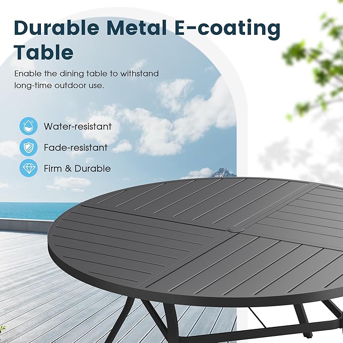 Patio Dining Table for 6, Round Metal Outdoor Table with Storage Shelf, 1.57" Umbrella Hole, 50" Outdoor Quartered Tabletop Dining Table for Backyard, Porch, Lawn, Black