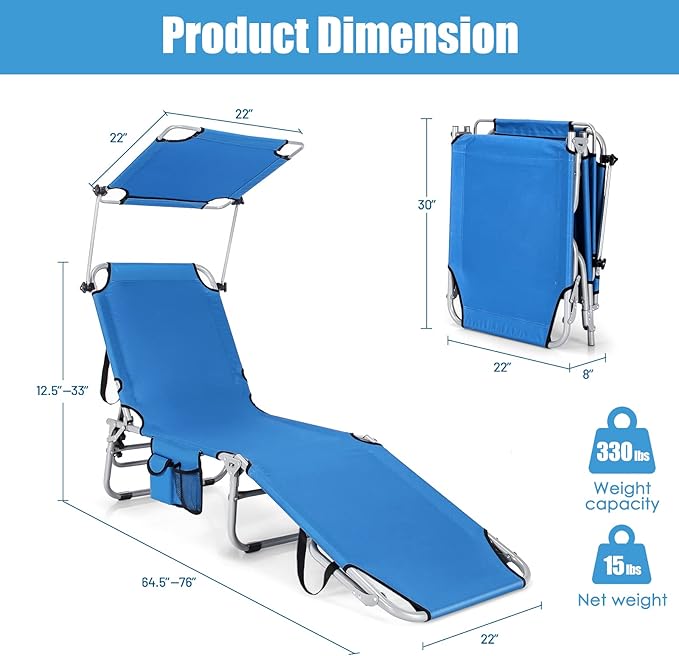 GYMAX Tanning Chair, Beach Lounge Chair with Canopy Sunshade, Carry Handle & Pocket, 5 Level Adjustable Layout Chaise Lounge for Outside, Folding Sunbath Chair for Outdoor, Patio, Poolside (2, Blue)