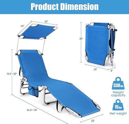 GYMAX Tanning Chair, Beach Lounge Chair with Canopy Sunshade, Carry Handle & Pocket, 5 Level Adjustable Layout Chaise Lounge for Outside, Folding Sunbath Chair for Outdoor, Patio, Poolside (2, Blue)