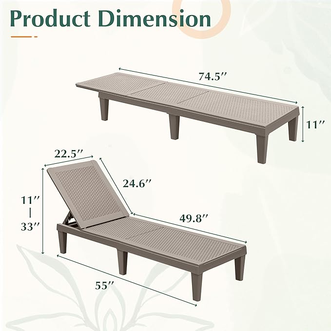 GUNJI Lounge Chairs for Outside Patio Waterproof Resin Chaise Lounge Outdoor Adjustable Lounge Chairs Set of 2 Pool Chairs Sun Loungers for Deck, Poolside and Beach (Beige)