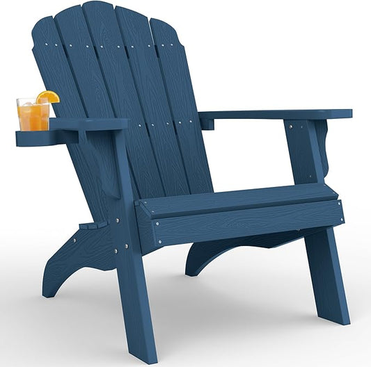 YEFU Oversized Adirondack Chair with Cup-Holder,Plastic Outdoor Fire Pit Chair, Weather Resistant, Poly Lumber Chair, Used in Patio, Lawn, Deck,Heavty Duty,Weight Capacity 450lbs-Navy Blue