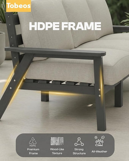 HDPE 5 Piece Patio Furniture Set, Outdoor Couch with Washable Thick Beige Cushions & Coffee Table & Side Table, Outdoor Sectional Furniture for Backyard, Deck, Lawn, Porch (Gray Frame)