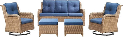 Rilyson Patio Furniture Swivel Chairs Set - 5 Piece Wicker Rattan Outdoor Sectional Conversation Sets with 2 Rocking Swivel Chairs,2 Ottomans and 1 Sofa for Porch Deck Garden(Yellow/Blue)