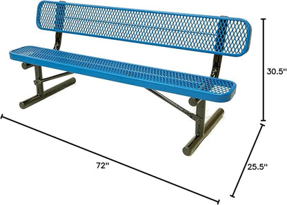 COATEDOUTDOORFURNITURE Heavy-Duty Portable Outdoor Bench Thermoplastic Coated, Expanded Metal, Commercial-Grade Seating, Made in America (Portable with Back, 6 Ft, Textured Light Blue)