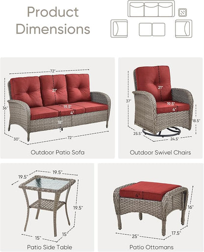 6 Pieces Outdoor Furniture-Patio Swivel Rocker Chairs Set of 2 3-Seater Wicker Couch with Outdoor Ottoman Outdoor Patio Furniture Set for Deck Porch Garden Balcony Poolside-Grey/Red