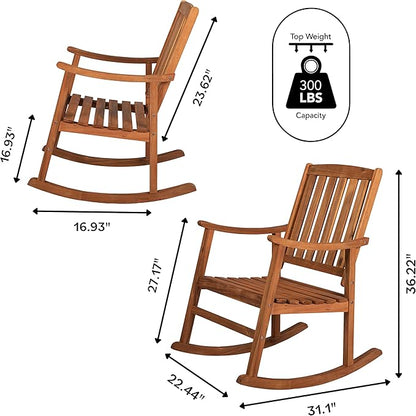 Eyely KCR102A Winnie Classic Slat-Back 300-Lbs Support Acacia Wood Patio Outdoor Rocking Chair for Garden, Lawn, Backyard, Pool, Deck, Beach, Firepit, Teak