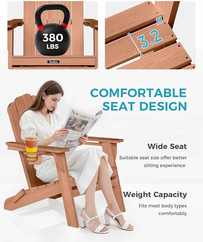 Adirondack Chairs Set of 2, Wood Texture Fire Pit Chairs, Plastic Adirondack Chairs with 2 Cup Holder - Photo 4