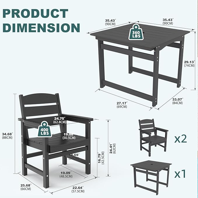 3-Piece HIPS Patio Dining Set, Outdoor Dining Table and Chairs Set with Umbrella Hole - Photo 3