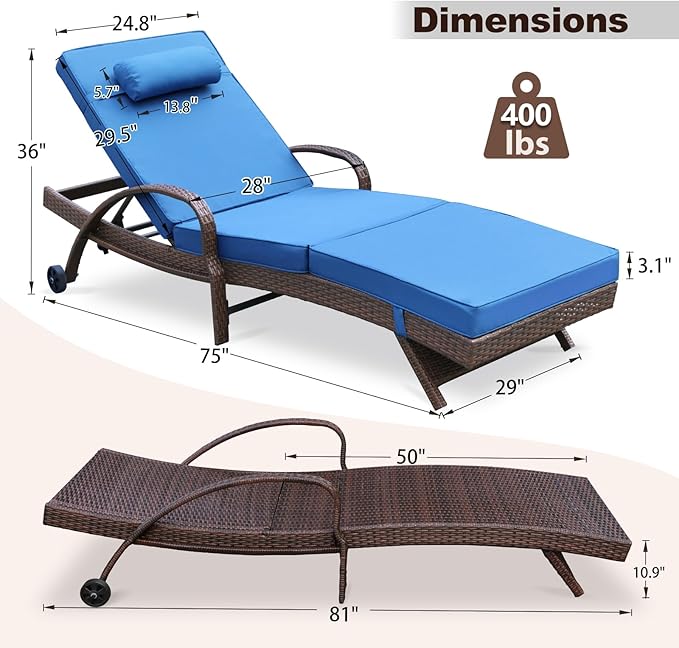 NOBLEMOOD Outdoor Lounge Chairs Set of 2 Beach Wicker Chaise Lounge with Wheels, Cushion, Adjustable Backrest for Outside Pool Sun Shelf Tanning Bathing (Blue)