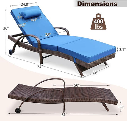 NOBLEMOOD Outdoor Lounge Chairs Set of 2 Beach Wicker Chaise Lounge with Wheels, Cushion, Adjustable Backrest for Outside Pool Sun Shelf Tanning Bathing (Blue)