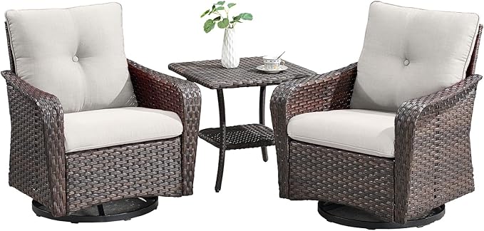 Rilyson Outdoor Patio Swivel Rocker Chairs - 3 PC Wicker Patio Bistro Sets with High Back,Comfy Cushions, Deep Seating and Side Table for Porch Deck Backyard Garden(Brown/Beige)