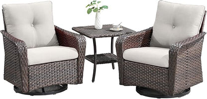 Rilyson Outdoor Patio Swivel Rocker Chairs - 3 PC Wicker Patio Bistro Sets with High Back,Comfy Cushions, Deep Seating and Side Table for Porch Deck Backyard Garden(Brown/Beige)