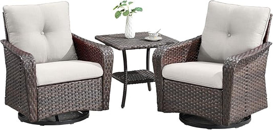 Rilyson Outdoor Patio Swivel Rocker Chairs - 3 PC Wicker Patio Bistro Sets with High Back,Comfy Cushions, Deep Seating and Side Table for Porch Deck Backyard Garden(Brown/Beige)