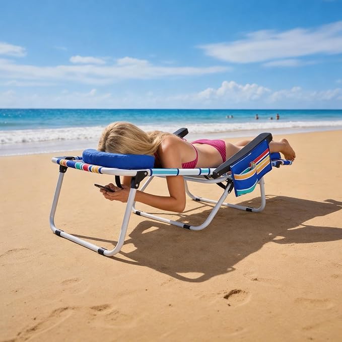 MOPHOTO Oversized Beach Lounge Chair, 5-Position Adjustable Tanning Chair with Face Hole, Heavy Duty Folding Chaise Lounge for Beach, Pool, Patio & Sunbathing