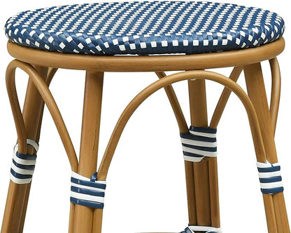 PURPLE LEAF Outdoor French Round 30" Bar Stool Set of 2 Oversized Backless Stackable Bar Chairs with Rattan Wicker Bamboo Print Aluminum Frame for Patio Island Poolside Bistro Deep Blue