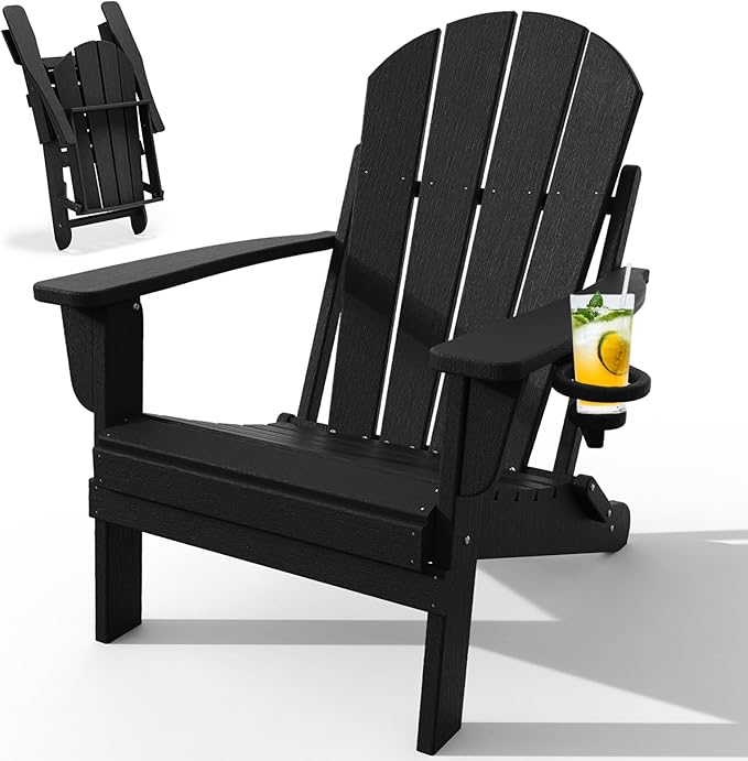 Adirondack Chair with Cup Holder, Folding HDPE Patio Chairs, Outdoor Plastic Fire Pit Chair, Wood Texture, Lawn Chairs for Deck, Porch, Backyard, Garden, Black