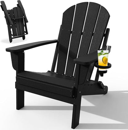 Adirondack Chair with Cup Holder, Folding HDPE Patio Chairs, Outdoor Plastic Fire Pit Chair, Wood Texture, Lawn Chairs for Deck, Porch, Backyard, Garden, Black