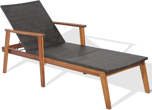 HAPPYGRILL Patio Chaise Lounge Chair, Outdoor Rattan Recliner with 4-Level Adjustable Backrest, Solid Acacia Wood Frame, Ergonomic Lounge Chair for Backyard Poolside Balcony
