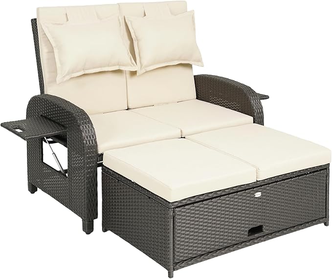 Outsunny Patio Rattan Daybed, Wicker Outdoor Daybed with Storage Ottoman, Loveseat Sofa with Adjustable Backrest - Photo 1