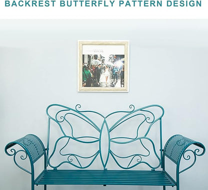 Small Outdoor Bench for Porch Metal Garden Benches with Butterflies Pattern Backrest and Armrests for Garden, Porch, Yard (White, Black, Blue) (Color : Blue)