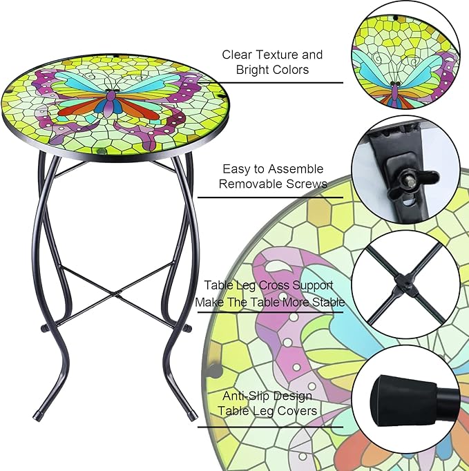 12 Inch Small Outdoor Side Table with Colorful Butterfly, Glass Mosaic Patio Table Indoor - Photo 4