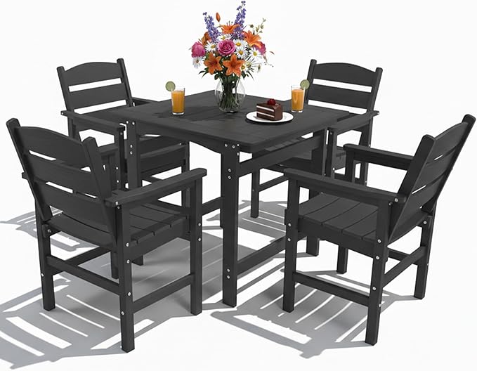 5-Piece HIPS Patio Dining Set, Outdoor Dining Table and Chairs Set with Umbrella Hole, Weatherproof Dining Table Set for 6 Person, Patio Furniture Set for Outside Deck, Black