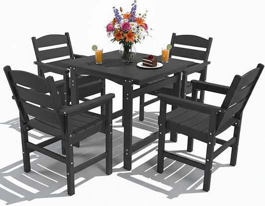 5-Piece HIPS Patio Dining Set, Outdoor Dining Table and Chairs Set with Umbrella Hole, Weatherproof Dining Table Set for 6 Person, Patio Furniture Set for Outside Deck, Black